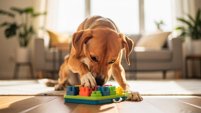 Pes řešící hlavolam jako mentální stimulaci