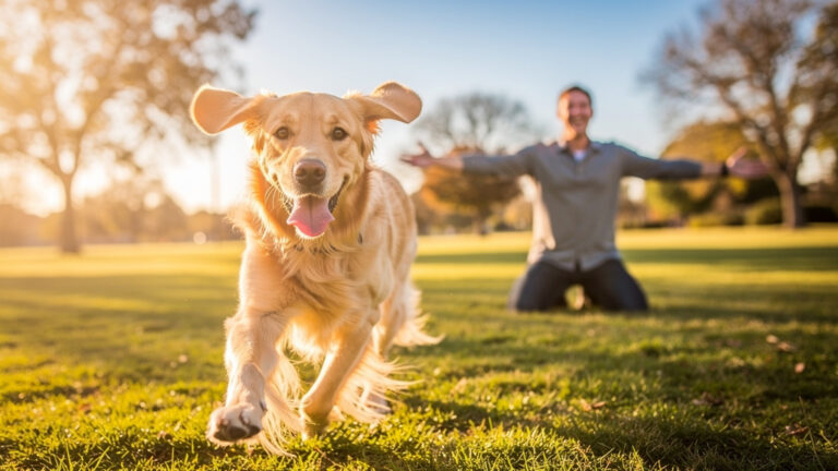 Pes přibíhající k majiteli na přivolání v parku