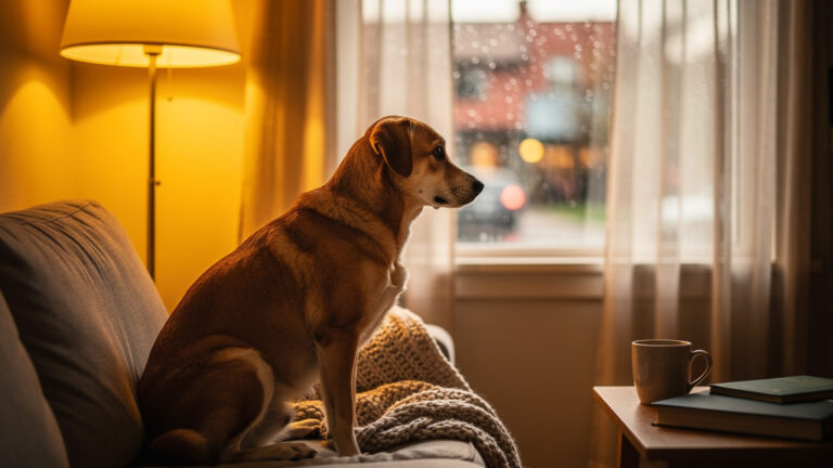 Pes se separační úzkostí čekající u dveří na majitele