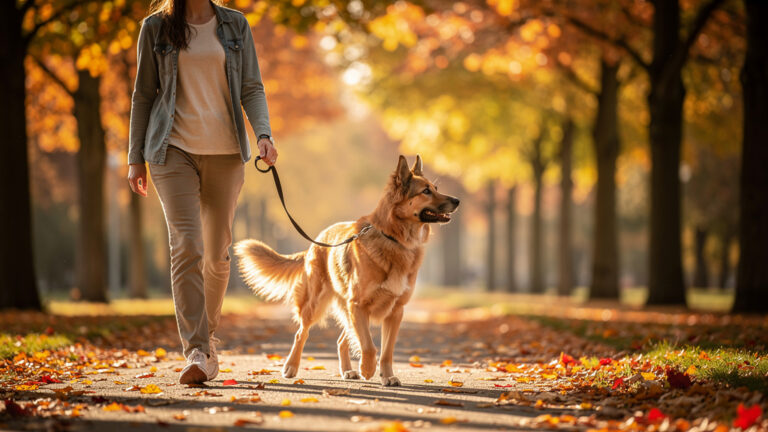 Pes táhnoucí na vodítku během procházky s majitelem