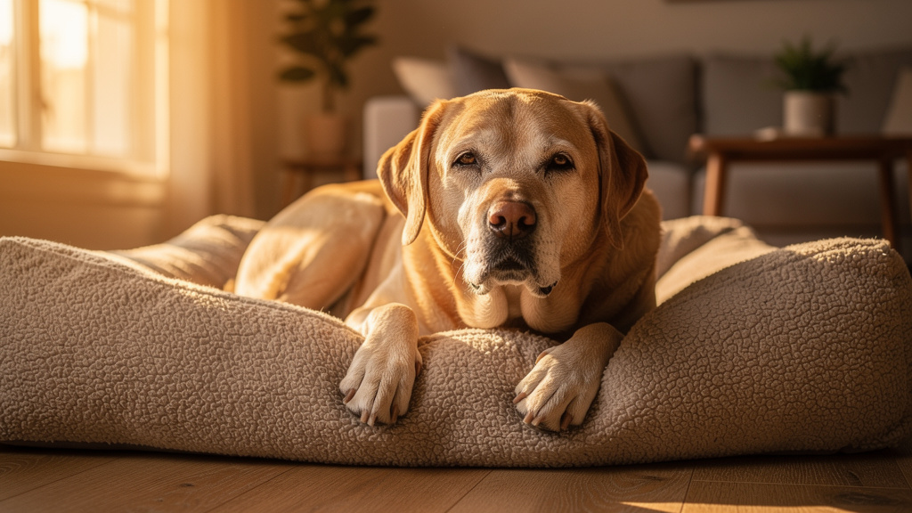 Stárnoucí labrador se šedivým čenichem klidně leží v obývacím pokoji